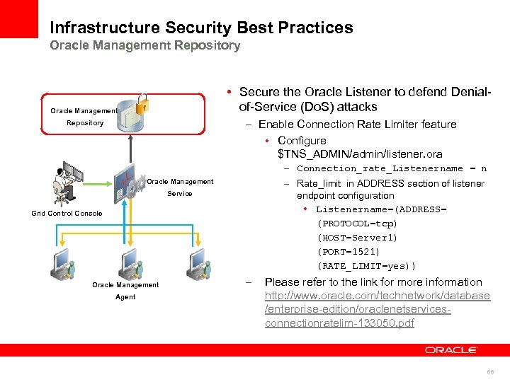 Infrastructure Security Best Practices Oracle Management Repository • Secure the Oracle Listener to defend