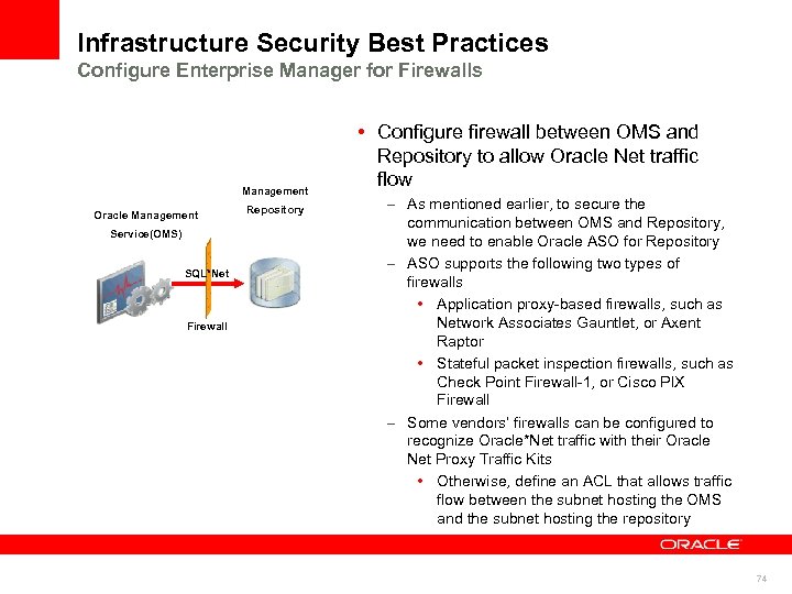 Infrastructure Security Best Practices Configure Enterprise Manager for Firewalls Management Oracle Management Service(OMS) SQL*Net