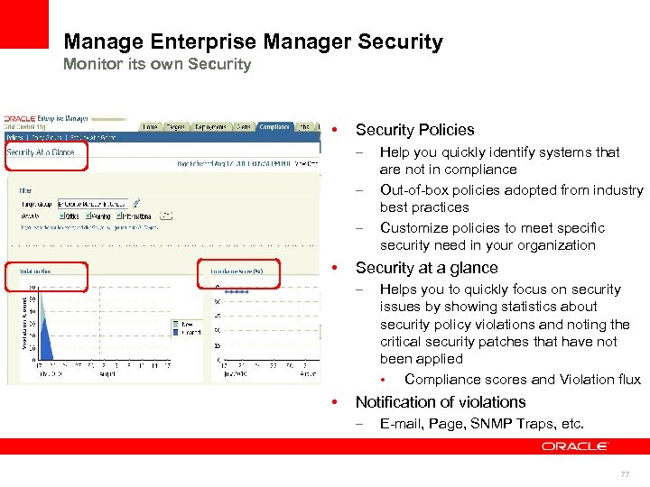 Manage Enterprise Manager Security Monitor its own Security • Security Policies – – –