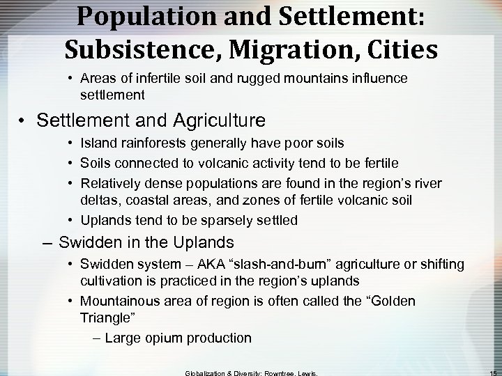 Population and Settlement: Subsistence, Migration, Cities • Areas of infertile soil and rugged mountains