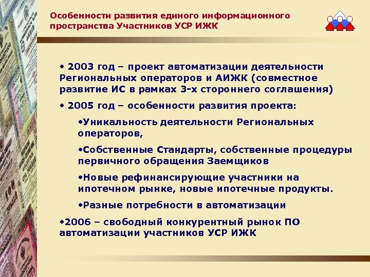 Особенности развития единого информационного пространства Участников УСР ИЖК • 2003 год – проект автоматизации