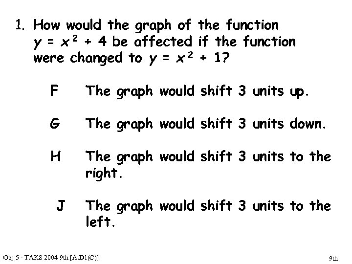 1. How would the graph of the function y = x 2 + 4