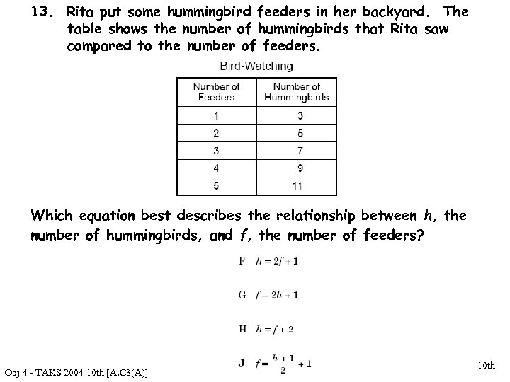 13. Rita put some hummingbird feeders in her backyard. The table shows the number