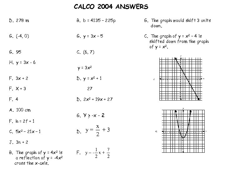 CALCO 2004 ANSWERS D. 278 m B. b = 4135 – 225 p G.