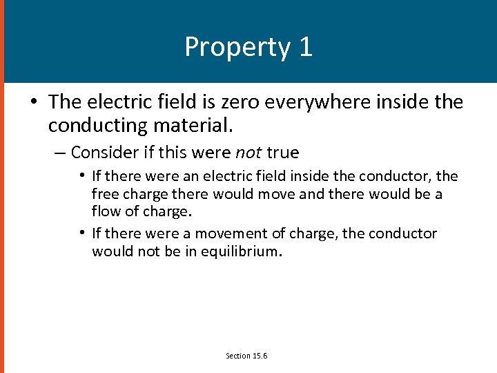 Property 1 • The electric field is zero everywhere inside the conducting material. –