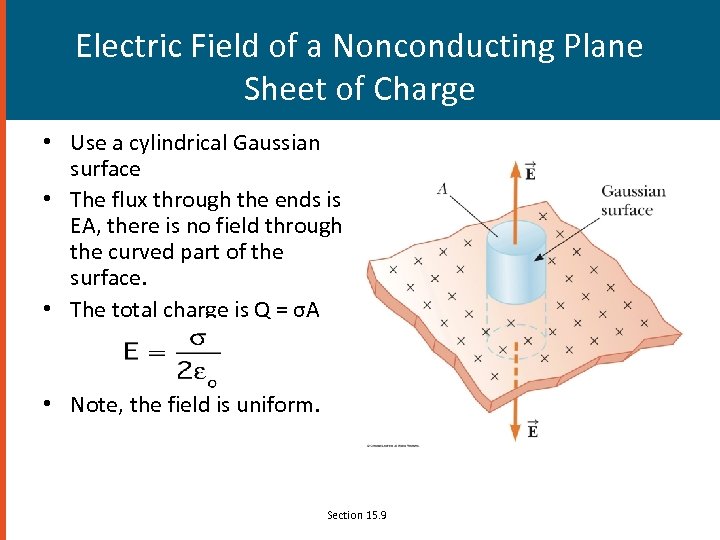 Electric Field of a Nonconducting Plane Sheet of Charge • Use a cylindrical Gaussian