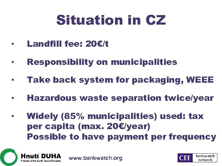 Situation in CZ • Landfill fee: 20€/t • Responsibility on municipalities • Take back