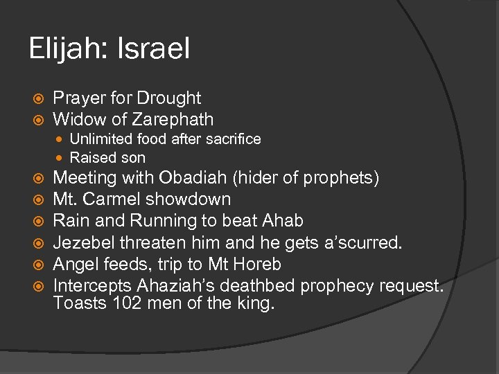 Elijah: Israel Prayer for Drought Widow of Zarephath Unlimited food after sacrifice Raised son