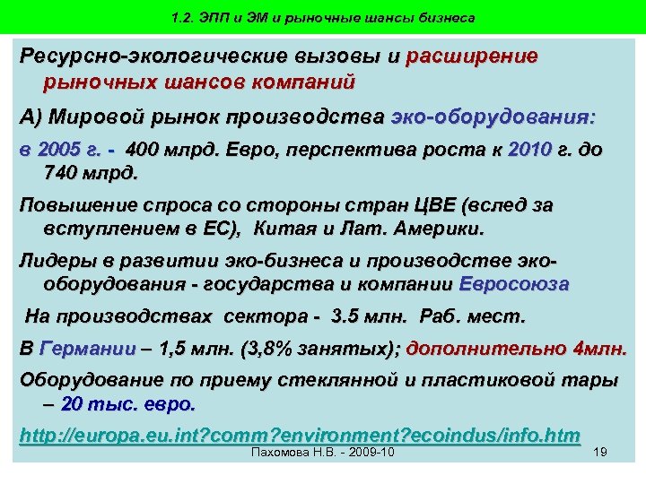 1. 2. ЭПП и ЭМ и рыночные шансы бизнеса Ресурсно-экологические вызовы и расширение рыночных