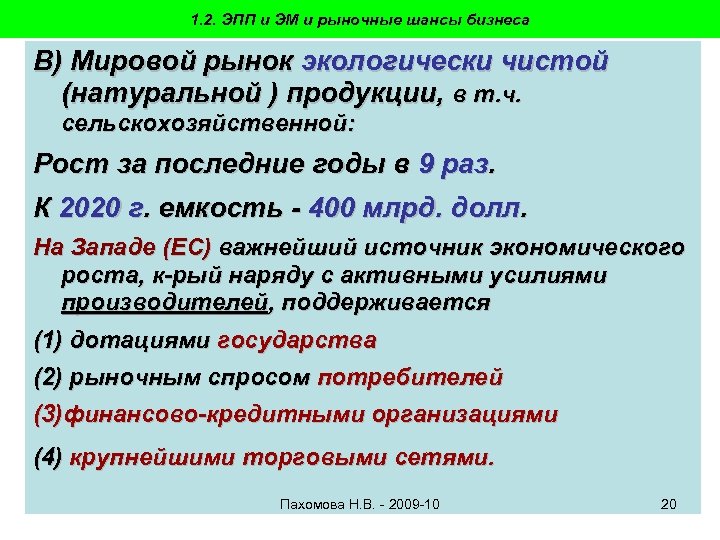 1. 2. ЭПП и ЭМ и рыночные шансы бизнеса В) Мировой рынок экологически чистой