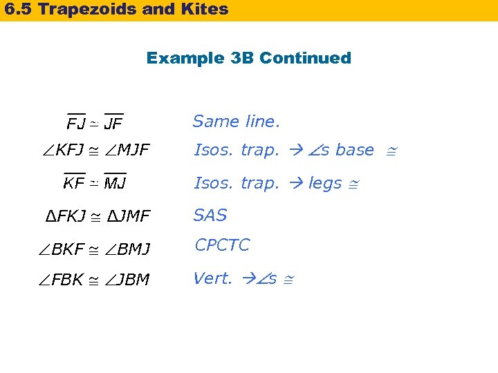 6. 5 Trapezoids and Kites Example 3 B Continued Same line. KFJ MJF Isos.