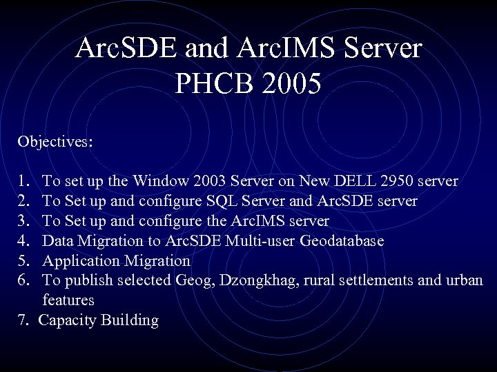 Arc. SDE and Arc. IMS Server PHCB 2005 Objectives: 1. 2. 3. 4. 5.