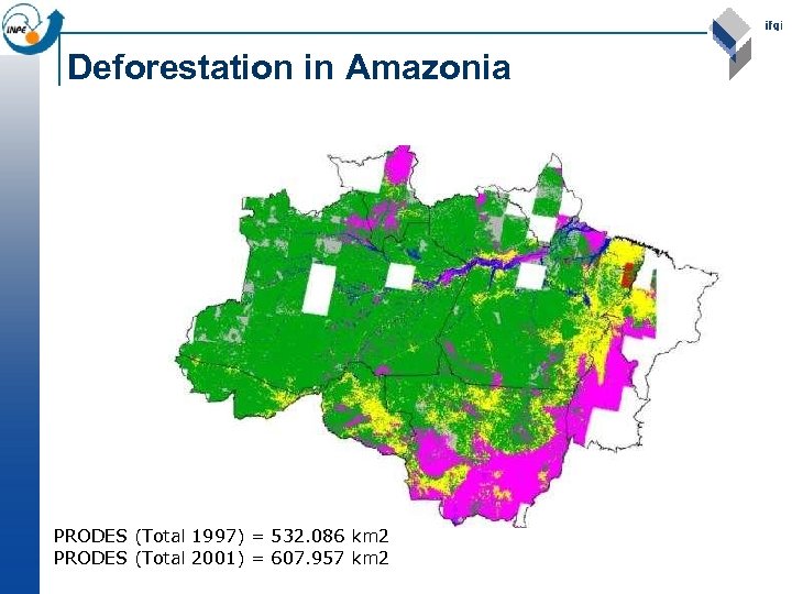 Deforestation in Amazonia PRODES (Total 1997) = 532. 086 km 2 PRODES (Total 2001)