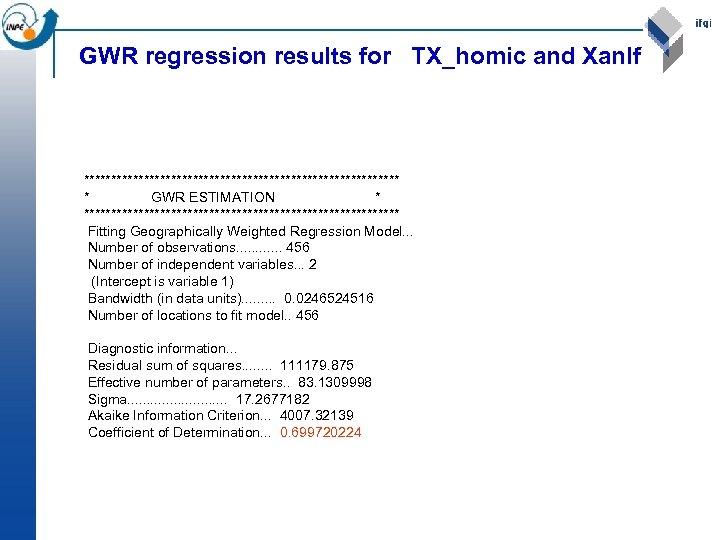 GWR regression results for TX_homic and Xanlf ***************************** * GWR ESTIMATION * ***************************** Fitting