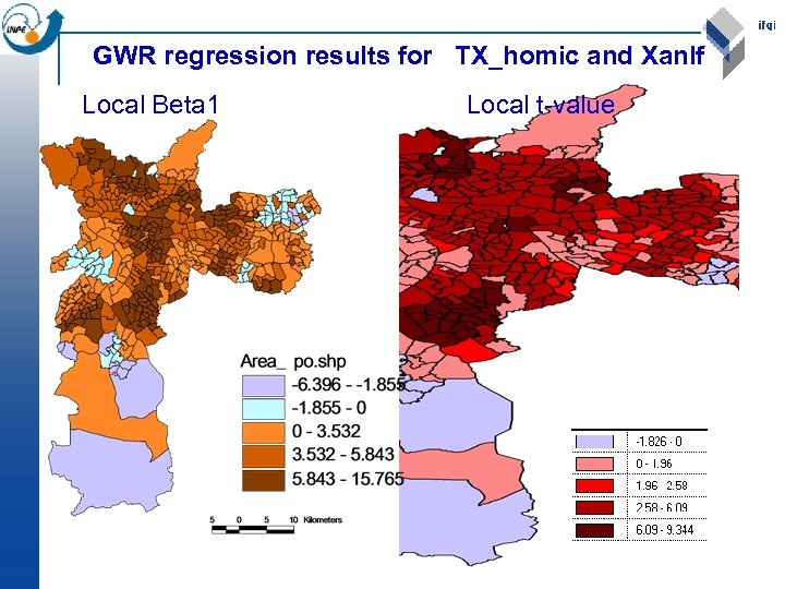 GWR regression results for TX_homic and Xanlf Local Beta 1 Local t-value 