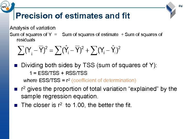 Precision of estimates and fit Analysis of variation Sum of squares of Y =