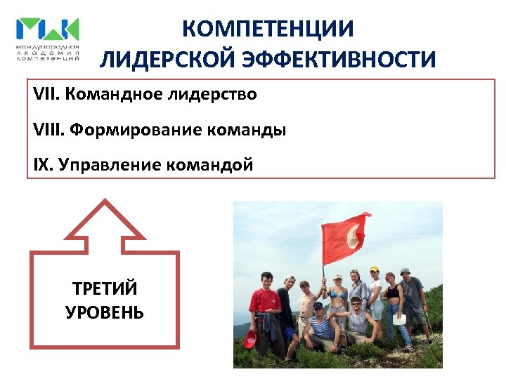КОМПЕТЕНЦИИ ЛИДЕРСКОЙ ЭФФЕКТИВНОСТИ VII. Командное лидерство VIII. Формирование команды IX. Управление командой ТРЕТИЙ УРОВЕНЬ
