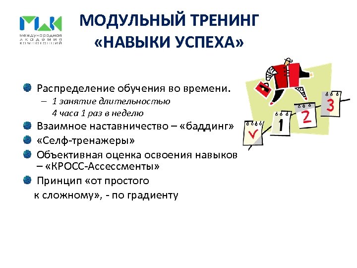 МОДУЛЬНЫЙ ТРЕНИНГ «НАВЫКИ УСПЕХА» Распределение обучения во времени. – 1 занятие длительностью 4 часа
