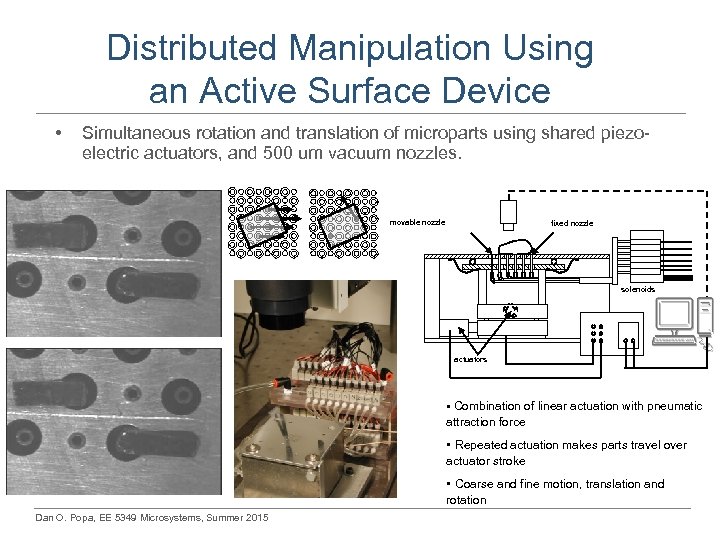 Distributed Manipulation Using an Active Surface Device • Simultaneous rotation and translation of microparts