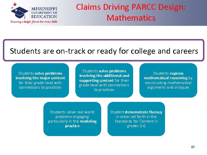 Claims Driving PARCC Design: Mathematics Students are on-track or ready for college and careers
