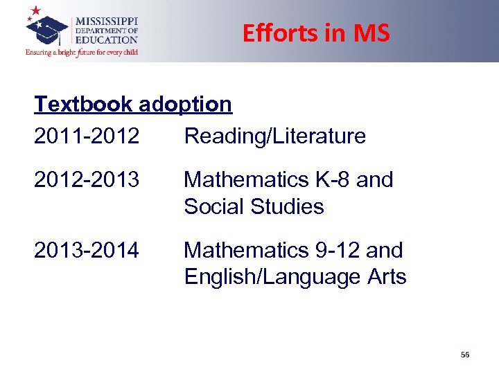 Efforts in MS Textbook adoption 2011 -2012 Reading/Literature 2012 -2013 Mathematics K-8 and Social