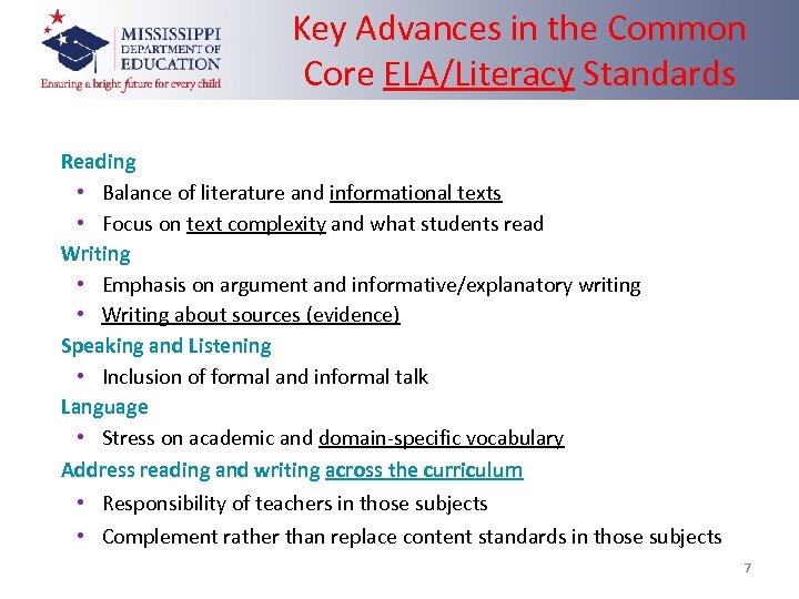 Key Advances in the Common Core ELA/Literacy Standards Reading • Balance of literature and
