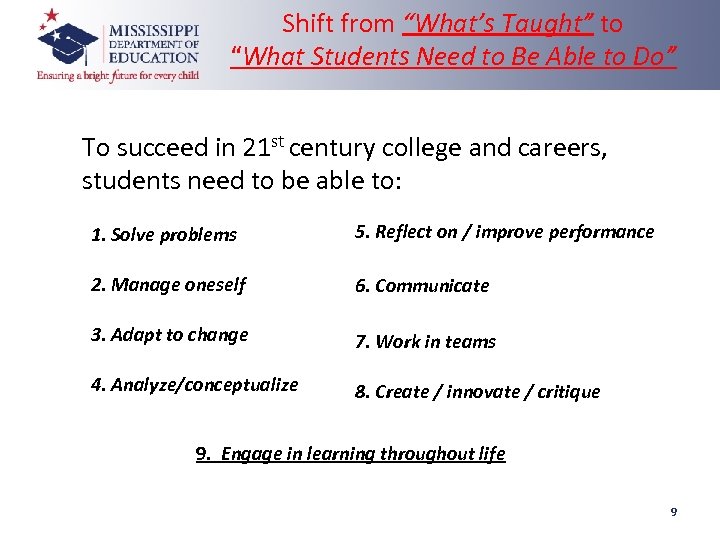 Shift from “What’s Taught” to “What Students Need to Be Able to Do” To
