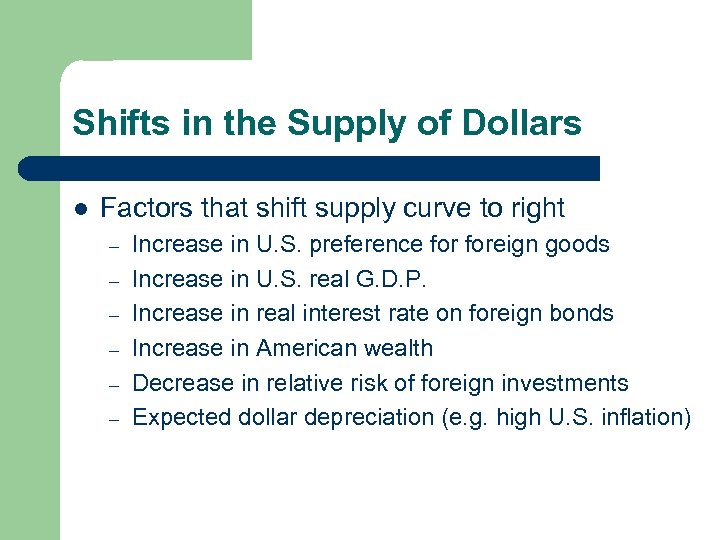 Shifts in the Supply of Dollars l Factors that shift supply curve to right