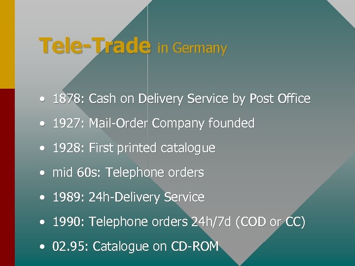 Tele-Trade in Germany • 1878: Cash on Delivery Service by Post Office • 1927: