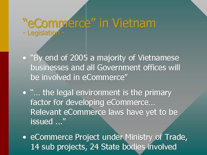 “e. Commerce” in Vietnam - Legislation - • “By end of 2005 a majority