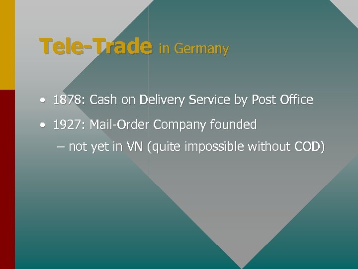 Tele-Trade in Germany • 1878: Cash on Delivery Service by Post Office • 1927: