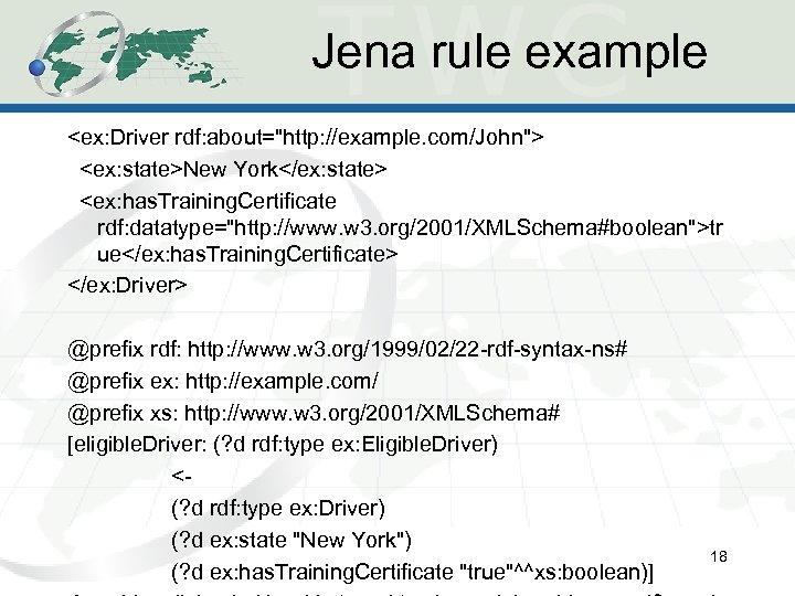 Jena rule example <ex: Driver rdf: about="http: //example. com/John"> <ex: state>New York</ex: state> <ex: