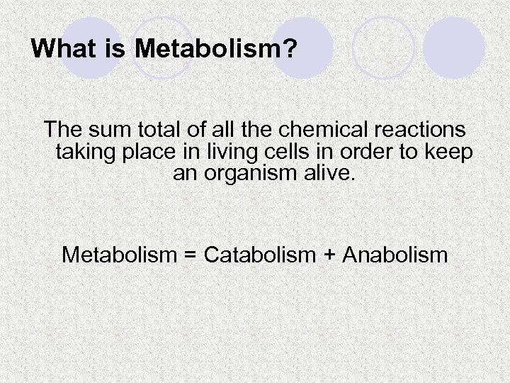What is Metabolism? The sum total of all the chemical reactions taking place in