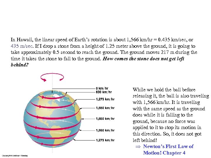 In Hawaii, the linear speed of Earth’s rotation is about 1, 566 km/hr =