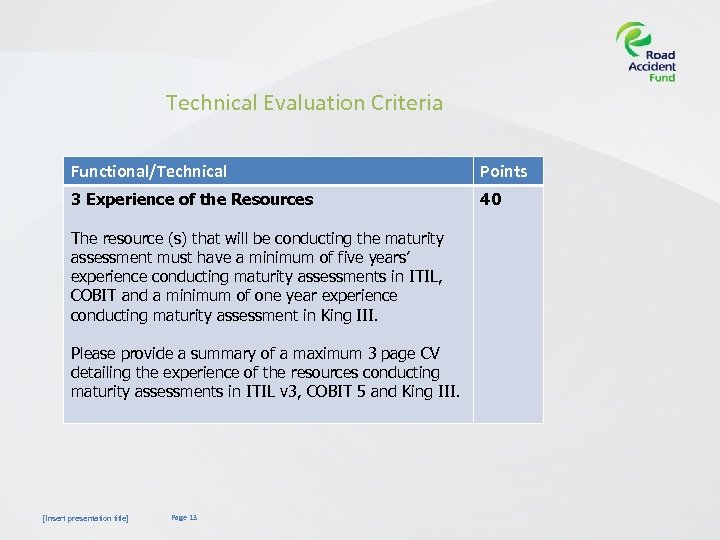 Technical Evaluation Criteria Functional/Technical Points 3 Experience of the Resources 40 The resource (s)