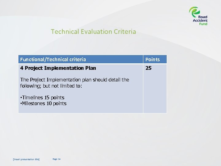 Technical Evaluation Criteria Functional/Technical criteria Points 4 Project Implementation Plan 25 The Project Implementation