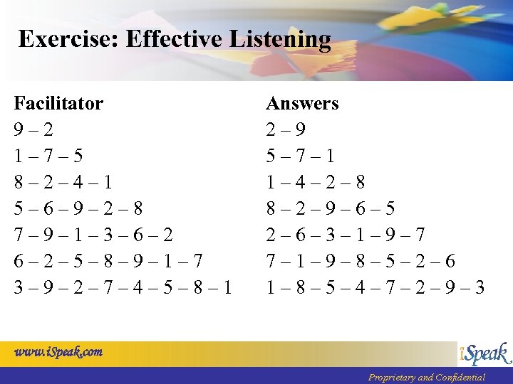 Exercise: Effective Listening Facilitator 9– 2 1– 7– 5 8– 2– 4– 1 5–