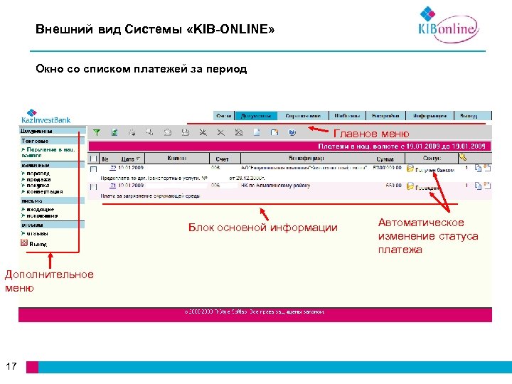 Внешний вид Системы «KIB-ONLINE» Окно со списком платежей за период Главное меню Блок основной