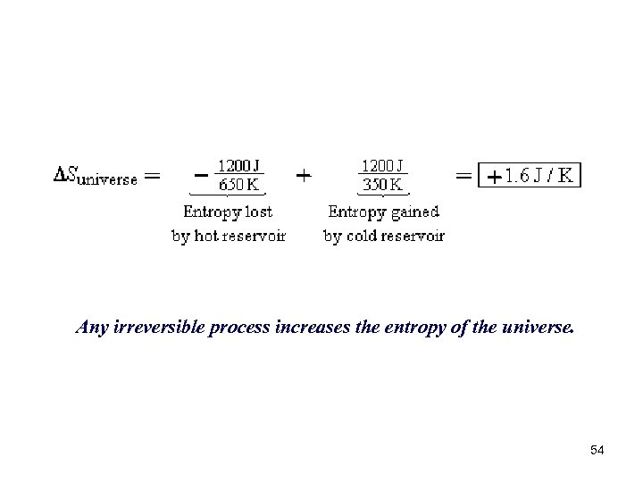 Any irreversible process increases the entropy of the universe. 54 