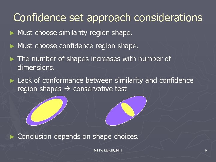 Confidence set approach considerations ► Must choose similarity region shape. ► Must choose confidence
