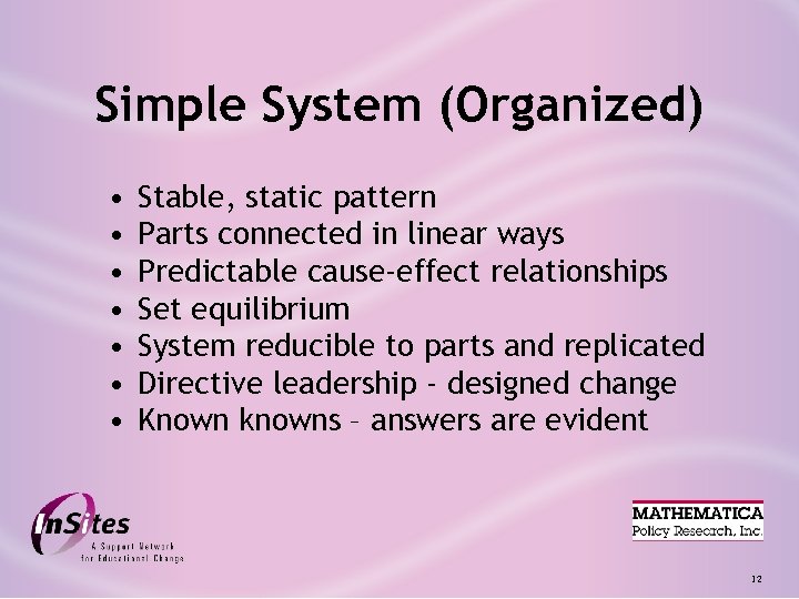 Simple System (Organized) • • Stable, static pattern Parts connected in linear ways Predictable