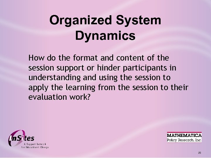 Organized System Dynamics How do the format and content of the session support or