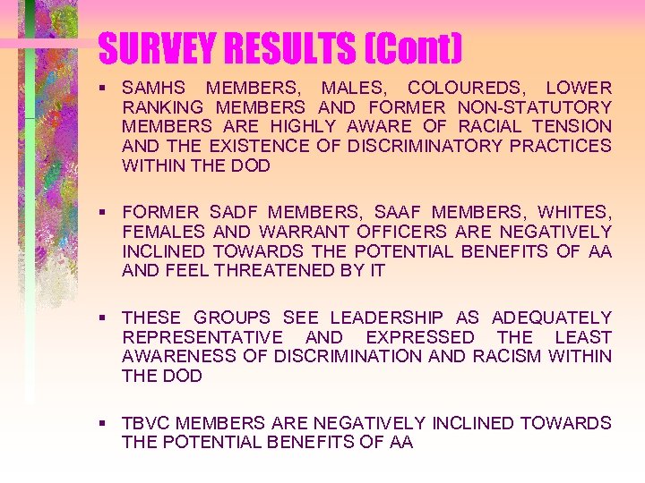 SURVEY RESULTS (Cont) § SAMHS MEMBERS, MALES, COLOUREDS, LOWER RANKING MEMBERS AND FORMER NON-STATUTORY