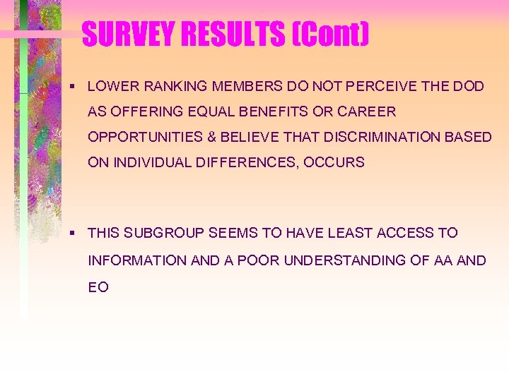 SURVEY RESULTS (Cont) § LOWER RANKING MEMBERS DO NOT PERCEIVE THE DOD AS OFFERING