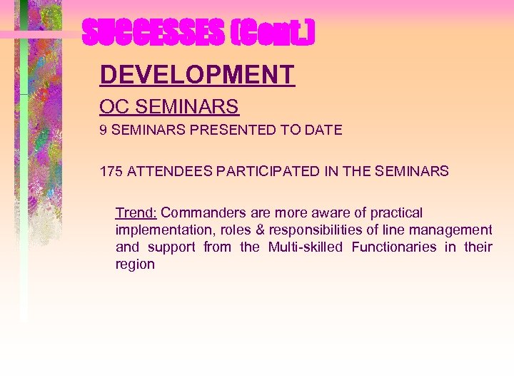 SUCCESSES (Cont. ) DEVELOPMENT OC SEMINARS 9 SEMINARS PRESENTED TO DATE 175 ATTENDEES PARTICIPATED