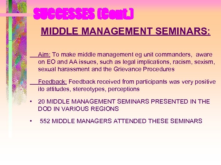 SUCCESSES (Cont. ) MIDDLE MANAGEMENT SEMINARS: Aim: To make middle management eg unit commanders,