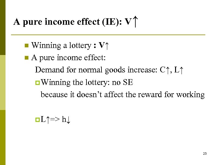 A pure income effect (IE): V↑ Winning a lottery : V↑ n A pure