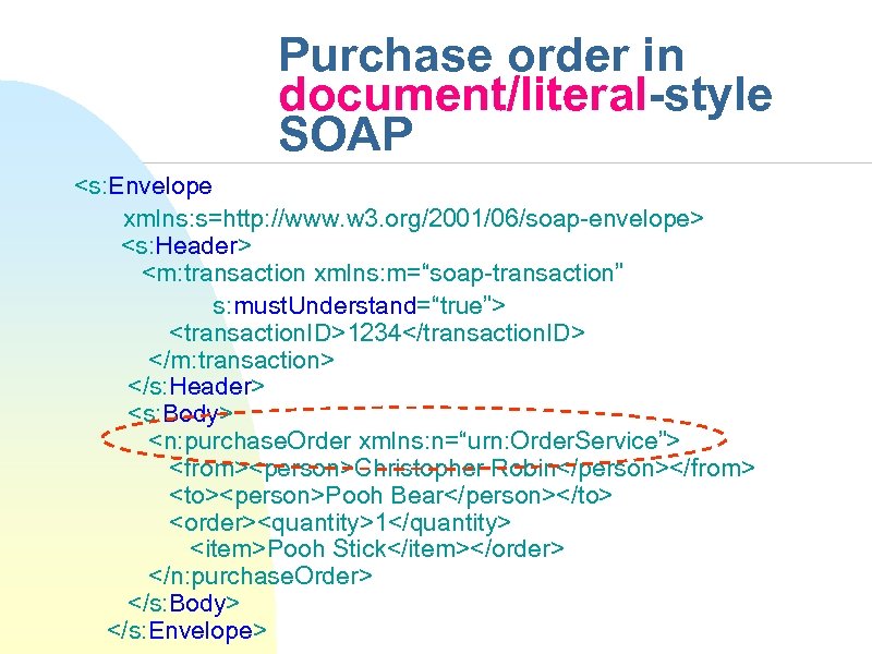 Purchase order in document/literal-style SOAP <s: Envelope xmlns: s=http: //www. w 3. org/2001/06/soap-envelope> <s:
