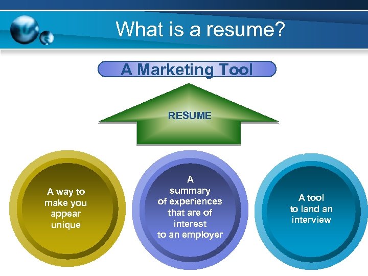 What is a resume? A Marketing Tool RESUME A way to make you appear