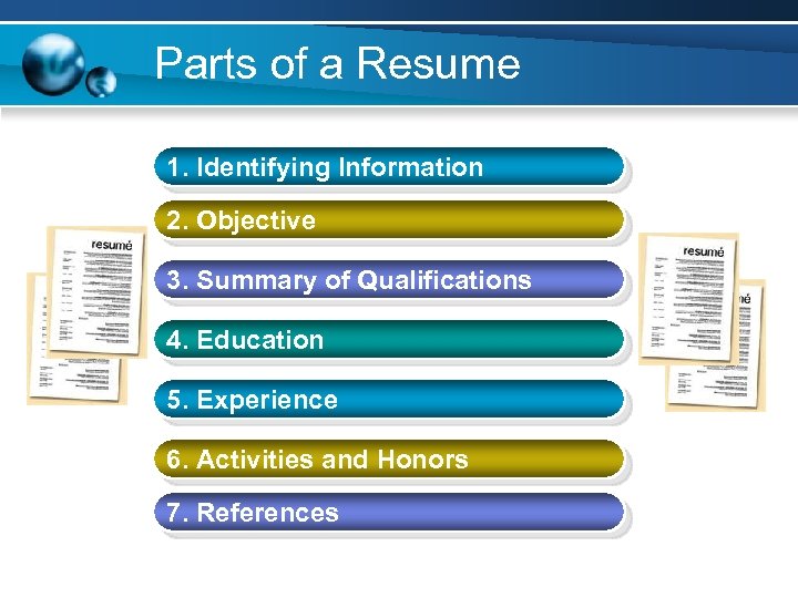 Parts of a Resume 1. Identifying Information 2. Objective 3. Summary of Qualifications 4.